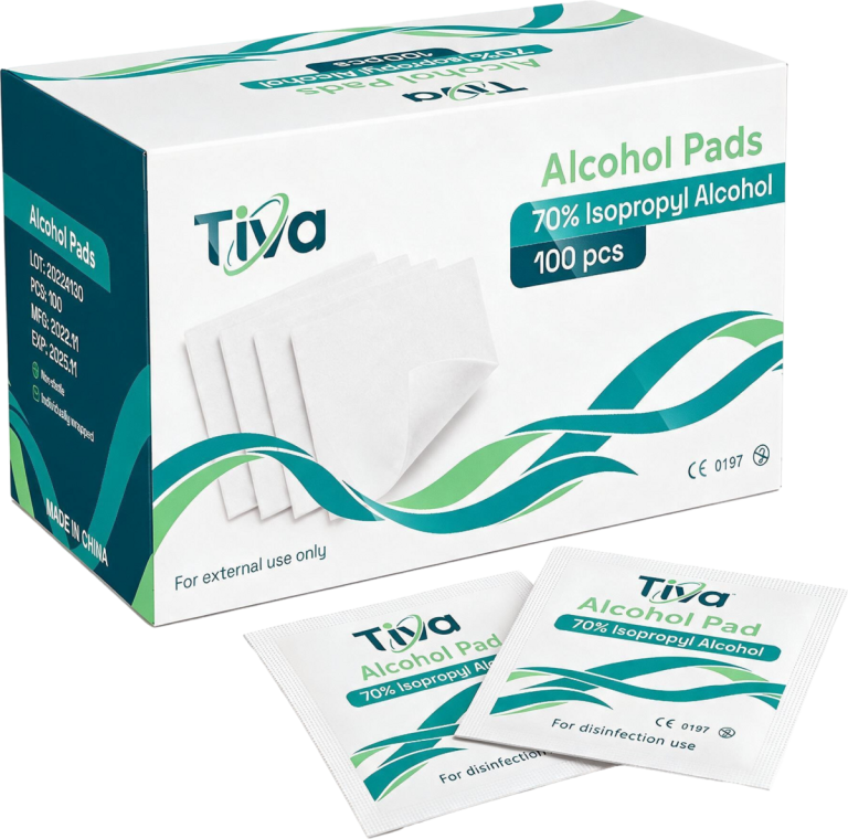 Tiva Alcohol Pads box of 100 individually wrapped 70% isopropyl alcohol swabs, with two sachets beside it