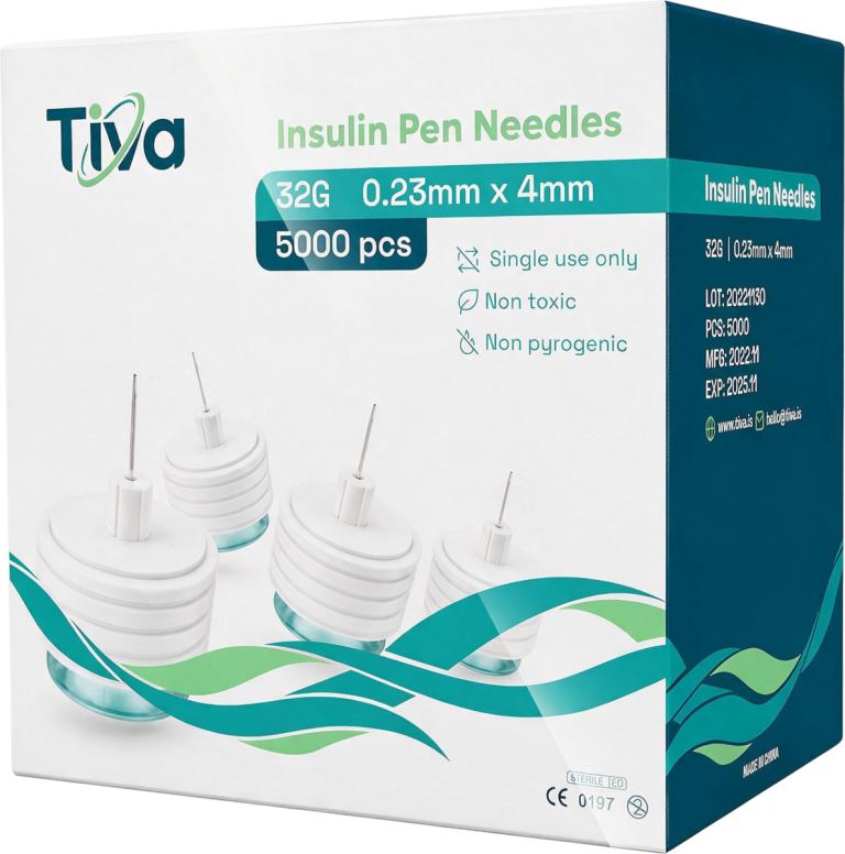 Tiva Insulin Pen Needles box, 32G 0.23mm by 4mm, 5000 single use non pyrogenic needles