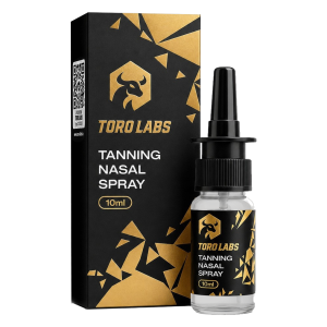 Toro Labs Tanning Nasal Spray 10ml bottle beside its black and gold carton