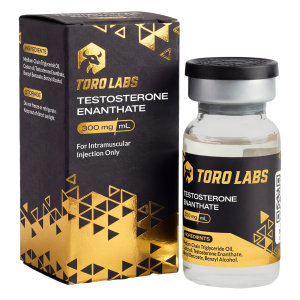 Toro Labs Testosterone Enanthate 300mg per mL glass vial beside its black and gold carton