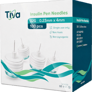 Tiva Insulin Pen Needles box, 32G 0.23mm by 4mm, 100 single use non pyrogenic needles